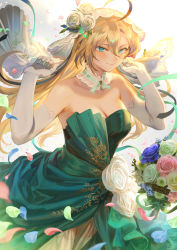 Rule 34 | 1girl, ahoge, bare shoulders, blonde hair, blush, bouquet, breasts, cleavage, closed mouth, commentary, detached collar, dress, elbow gloves, flower, gloves, green eyes, hair ornament, hands up, highres, kamina kohane, lips, long hair, looking at viewer, mashuu (neko no oyashiro), medium breasts, palette project, petals, see-through, shiny clothes, smile, solo, strapless, strapless dress, veil, virtual youtuber, white gloves