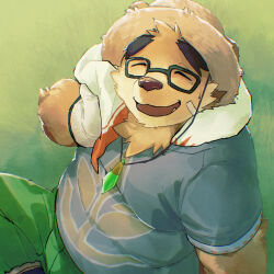 Rule 34 | 1boy, animal ears, bandaid, bandaid on face, bara, bear boy, bear ears, brown fur, closed eyes, commentary request, drying, drying body, fat, fat man, from above, furry, furry male, glasses, green pants, hat, highres, jewelry, jinnai10, male focus, muscular, muscular male, necklace, open mouth, pants, shirt, sitting, smile, solo, straw hat, sweatdrop, t-shirt, thick eyebrows, tokyo houkago summoners, towel, towel around neck, tusks, volos (housamo)