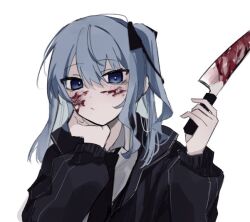 Rule 34 | 1girl, black jacket, black necktie, black ribbon, blood, blood on face, bloody knife, blue eyes, blue hair, closed mouth, collared shirt, commentary, dress shirt, hair between eyes, hair ribbon, head rest, holding, holding knife, hololive, hoshimachi suisei, jacket, knife, light blush, long sleeves, looking at viewer, medium hair, necktie, one side up, puffy sleeves, ribbon, saifu (saihu715), shadow, shirt, simple background, solo, upper body, virtual youtuber, white background, white shirt