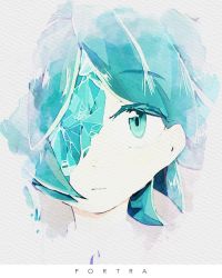 Rule 34 | 1other, aqua eyes, aqua hair, arm at side, closed mouth, commentary, commentary request, english text, highres, houseki no kuni, looking at viewer, medium request, one eye covered, outo eguchi, paper (medium), phosphophyllite, portrait, solo, symbol-only commentary, text focus