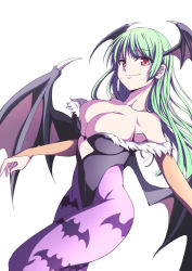 Rule 34 | 1girl, bad id, bad pixiv id, bare shoulders, bat wings, breasts, cleavage, colored eyelashes, demon girl, from side, green hair, head wings, highres, huge breasts, long hair, morrigan aensland, pantyhose, print pantyhose, purple pantyhose, red eyes, simple background, smile, solo, thighs, totot-ss, vampire (game), white background, wings