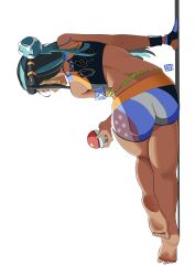 Rule 34 | 1girl, arm support, ass, ass focus, automatic giraffe, back, barefoot, bikini, black hair, blue hair, commentary, creatures (company), dark-skinned female, dark skin, earrings, english commentary, feet, from behind, full body, game freak, gloves, hair ornament, highres, holding, holding poke ball, hoop earrings, jewelry, legs, long hair, looking to the side, lying, multicolored hair, nessa (pokemon), nintendo, on side, poke ball, poke ball (basic), pokemon, pokemon swsh, single glove, soles, solo, streaked hair, swimsuit, tankini, toes, wristband