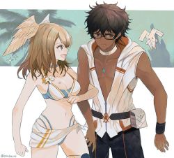 Rule 34 | 1boy, 1girl, bikini, breast tattoo, breasts, chest jewel, cleavage, dark-skinned male, dark skin, eunie (xenoblade), glasses, head wings, mondo (xenoblade 3), leaf (esabacoo), locked arms, looking at another, navel, official alternate costume, sleeveless, smile, stomach, swimsuit, taion (xenoblade), tattoo, white wings, wings, xenoblade chronicles (series), xenoblade chronicles 3