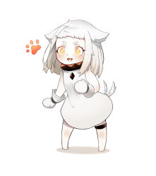 Rule 34 | 1girl, :d, abyssal ship, animal ears, colored skin, commentary request, dog ears, dog tail, dress, fang, highres, iouley, kantai collection, kemonomimi mode, long hair, looking at viewer, mittens, northern ocean princess, open mouth, orange eyes, paw print, simple background, smile, solo, tail, tail wagging, white background, white dress, white hair, white skin