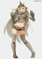 Rule 34 | &gt;:o, 1girl, :o, ahoge, armor, armored boots, belt, boots, breasts, eyebrows, full body, gauntlets, glasses, grey background, headgear, highres, legs apart, long hair, looking at viewer, midriff, navel, open mouth, over-rim eyewear, personification, semi-rimless eyewear, short sleeves, shorts, silver hair, simple background, solo, standing, stomach, thigh boots, thighhighs, tomioka jirou, ultra kaijuu gijinka keikaku, ultra series, v-shaped eyebrows, very long hair, windom, yellow eyes