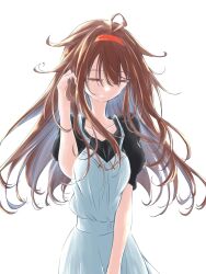 Rule 34 | ahoge, black shirt, breasts, brown hair, closed eyes, collarbone, dress, hairband, highres, kantai collection, long hair, medium breasts, official alternate costume, red hairband, shiratsuyu (kancolle), shirt, simple background, todoroki kjk, white dress