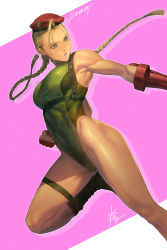 Rule 34 | 1girl, ahoge, armpits, beret, blonde hair, boots, braid, breasts, cammy white, capcom, chest harness, commentary request, cross-laced footwear, gloves, green leotard, harness, hat, highleg, highleg leotard, highres, holster, homare (fool&#039;s art), huge ahoge, lace-up boots, leotard, long hair, medium breasts, muscular, muscular female, red gloves, red hat, scar, solo, street fighter, street fighter v, thigh holster, turtleneck, twin braids