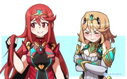 Rule 34 | 2girls, alternate hair length, alternate hairstyle, armor, artist request, blonde hair, blush, breasts, cleavage, dress, gloves, jewelry, large breasts, long hair, multiple girls, mythra (xenoblade), nintendo, pyra (xenoblade), red hair, short hair, simple background, smile, white background, xenoblade chronicles (series), xenoblade chronicles 2, xenoblade chronicles (series), xenoblade chronicles 2, yellow eyes
