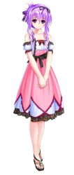 Rule 34 | 1girl, amasaka takashi, bare shoulders, bow, dress, full body, hair bow, highres, looking at viewer, mirufina sol ereanoruto, official art, pleated skirt, purple eyes, purple hair, ribbon, sandals, short sleeves, skirt, smile, solo, standing, thighhighs, transparent background, unionism quartet