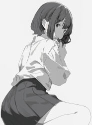 Rule 34 | 1girl, bob cut, camera, from behind, greyscale, hair behind ear, highres, holding, holding camera, looking at viewer, looking back, miniskirt, monochrome, original, pleated skirt, shimkarom, shirt, short hair, simple background, sitting, skirt, solo focus