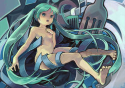Rule 34 | 1girl, aqua eyes, aqua hair, barefoot, covering one breast, covering privates, feet, female focus, flat chest, fork, hatsune miku, highres, hocori, long hair, nude, open mouth, solo, twintails, very long hair, vocaloid