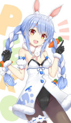 Rule 34 | 1girl, :d, animal ear fluff, animal ears, bare shoulders, black gloves, black leotard, blue hair, bow, braid, breasts, brown pantyhose, carrot hair ornament, catchphrase, commentary request, detached sleeves, don-chan (usada pekora), dress, flipper, food-themed hair ornament, fur-trimmed dress, fur-trimmed gloves, fur trim, gloves, hair between eyes, hair bow, hair ornament, hands up, highres, hololive, index finger raised, leotard, long hair, looking at viewer, multicolored hair, open mouth, pantyhose, puffy short sleeves, puffy sleeves, rabbit ears, red eyes, short eyebrows, short sleeves, sidelocks, simple background, small breasts, smile, strapless, strapless dress, strapless leotard, teeth, thick eyebrows, twin braids, twintails, two-tone hair, upper teeth only, usada pekora, usada pekora (1st costume), very long hair, virtual youtuber, white background, white bow, white dress, white hair, white sleeves