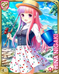 Rule 34 | 1girl, bucket, card, character name, cherry, day, dress, fishing rod, food, forest, fruit, girlfriend (kari), hat, holding, long hair, multicolored hair, nature, niigaki hina, official art, open mouth, outdoors, pink hair, purple eyes, purple hair, qp:flapper, river, rock, shirt, skirt, smile, solo, straw hat, tagme, water, white dress, white shirt