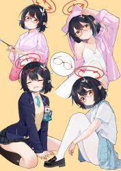 Rule 34 | 1girl, absurdres, armband, arrow (projectile), ayane (blue archive), black footwear, black hair, black jacket, black skirt, black socks, blue archive, blue armband, blue necktie, blue sailor collar, blue skirt, blush, closed mouth, collared shirt, commentary request, eyewear on head, glasses, halo, hamaya, highres, hood, hooded jacket, jacket, japanese clothes, kimono, multiple views, necktie, obi, open clothes, open jacket, open mouth, painterliuhao, pantyhose, pink jacket, pink kimono, pleated skirt, pointy ears, red-framed eyewear, red halo, sailor collar, sash, school uniform, serafuku, shirt, shoes, short hair, short sleeves, simple background, skirt, smile, socks, sweater vest, thighhighs, white pantyhose, white shirt, white thighhighs, yellow background, yellow eyes, yellow sweater vest