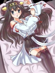 Rule 34 | 10s, 1girl, bare shoulders, black thighhighs, blush, boots, breasts, brown hair, detached sleeves, double bun, easily, grey eyes, hair bun, hair ornament, hairband, headgear, japanese clothes, kantai collection, kongou (kancolle), large breasts, long hair, lying, miko, miniskirt, nontraditional miko, on bed, open mouth, personification, skirt, solo, thigh boots, thighhighs, zettai ryouiki