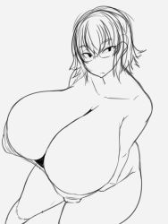 Rule 34 | 1girl, absurdres, breasts, cleavage, covered erect nipples, female focus, from above, gigantic breasts, glasses, highres, monochrome, short hair, simple background, sketch, solo, tensai427, white background