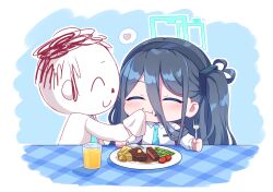 Rule 34 | 1boy, 1girl, :t, ^ ^, aris (blue archive), doodle sensei (blue archive), black hair, black hairband, blue archive, blue necktie, chibi, closed eyes, closed mouth, collared shirt, cup, drink, drinking glass, eating, food, food on face, food request, fork, hairband, halo, heart, highres, holding, holding fork, holding knife, kaoling, knife, long hair, long sleeves, necktie, one side up, outline, plate, profile, sensei (blue archive), shirt, spoken heart, steak, wavy mouth, white outline, white shirt