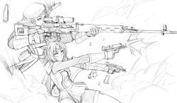 Rule 34 | 00s, 2girls, animal ears, casing ejection, cat ears, dragunov svd, dual wielding, elf, elvaan, facial mark, final fantasy, final fantasy xi, forehead mark, greyscale, gun, handgun, holding, magazine (weapon), marksman, mithra (ff11), monochrome, multiple girls, muzzle device, pistol, pointy ears, prehensile tail, reloading, rifle, scope, shell casing, sniper, sniper rifle, tail, thumbhole stock, weapon, whisker markings