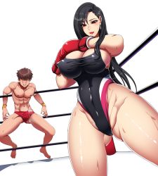 Rule 34 | 1boy, 1girl, abs, black hair, black one-piece swimsuit, boxing gloves, boxing ring, breasts, bulge, cleavage, competition swimsuit, covered erect nipples, dangle earrings, defeat, earrings, ejaculation under clothes, erection, erection under clothes, final fantasy, final fantasy vii, highres, jewelry, large breasts, long hair, masochism, mixed-sex combat, mixedfight, one-piece swimsuit, precum, red eyes, red lips, smile, standing, swimsuit, thick thighs, thighs, tifa lockhart, toned