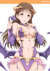 Rule 34 | 1girl, breasts, cameltoe, cleavage, cosplay, demon girl, demon horns, demon tail, demon wings, fate/grand order, fate (series), halloween costume, heart, heart-shaped pupils, holding own tail, horns, idolmaster, idolmaster cinderella girls, inoshira, irisviel von einzbern, irisviel von einzbern (cosplay), irisviel von einzbern (halloween princess), low wings, navel, nitta minami, solo, symbol-shaped pupils, tail, wings