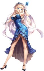 Rule 34 | 1girl, armpits, bare shoulders, blonde hair, blue dress, blue eyes, breasts, card, cleavage, dress, feet, full body, gloves, hat, high heels, highres, holding, holding card, large breasts, legs, legs apart, long hair, looking at viewer, open mouth, smile, solo, standing, sunglasses, sunglasses on head, thighs, transparent background, unitia, white gloves