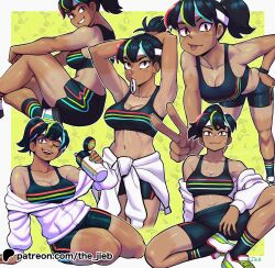 Rule 34 | 1girl, :p, ;d, absurdres, adjusting hair, artist name, black hair, black socks, black sports bra, border, breasts, brown eyes, closed mouth, compilation, dark skin, dolphin shorts, full body, grin, hair tie in mouth, headband, highres, holding thermos, leaning forward, looking at viewer, medium breasts, mouth hold, multicolored hair, one eye closed, open mouth, original, patreon logo, patreon username, ponytail, shoes, shorts, sitting, smile, sneakers, socks, sports bra, sportswear, sweat, the jieb, thermos, tied sweater, toned, toned female, tongue, tongue out, v, white border, white headband, white sneakers, yeet-chan (the jieb)