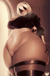 Rule 34 | 1boy, 1girl, ass, blindfold, blush, breasts, cameltoe, cleavage, cleft of venus, coffeeslice, covered erect nipples, covered navel, curvy, female focus, gloves, highres, huge ass, huge breasts, nier:automata, nier (series), plump, short hair, signature, size difference, steam, sweat, tall female, thick thighs, thighhighs, thighs, white hair, wide hips, 2b (nier:automata), 9s (nier:automata)