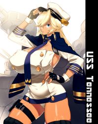 Rule 34 | 1girl, absurdres, azur lane, belt, belt buckle, black belt, black gloves, black thighhighs, blonde hair, blue eyes, blue necktie, breasts, buckle, buttons, cape, character name, cleavage, closed mouth, contrapposto, covered erect nipples, dark-skinned female, dark skin, detached collar, dress, eyebrows, eyelashes, facing away, fingerless gloves, gloves, hair over one eye, hand on headwear, hand on own hip, hat, highres, huge breasts, legs apart, light particles, lips, long hair, looking away, looking up, machinery, microdress, necktie, nose, panties, pantyshot, peaked cap, shiny skin, short dress, solo, sparkle, standing, taut clothes, taut dress, tennessee (azur lane), text focus, thigh strap, thighhighs, turret, underwear, wajima, white dress, white hat, white panties