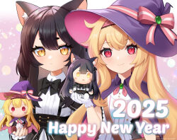 2025 2girls animal_ears artist_request black_bow black_bowtie black_hair blonde_hair bow bowtie cat_ears cat_girl character_doll chibi closed_mouth english_text gloves hair_between_eyes hairband happy_new_year hat hat_ribbon highres little_witch_nobeta long_hair looking_at_viewer multiple_girls new_year nobeta nobeta_(witch_skin) official_art phyllis_(human)_(little_witch_nobeta) phyllis_(little_witch_nobeta) red_eyes ribbon second-party_source upper_body very_long_hair white_gloves witch_hat yellow_eyes