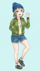 Rule 34 | 1girl, :d, arm up, beanie, blue background, blue eyes, blue hat, blue shorts, casual, commentary request, denim, denim shorts, green jacket, hand in pocket, hat, highres, jacket, light brown hair, long sleeves, looking at viewer, love live!, love live! school idol festival, love live! school idol project, love live! sunshine!!, open clothes, open jacket, open mouth, rama (yu-light8), short hair, shorts, simple background, smile, socks, solo, standing, watanabe you, white socks