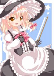 Rule 34 | 1girl, apron, armband, blonde hair, blue background, bow, braid, brooch, broom, gloves, hair bow, hand on own chest, hat, jewelry, juliet sleeves, kagerou (kers), kers, kirisame marisa, long sleeves, looking at viewer, mini-hakkero, open mouth, puffy sleeves, shadow, short hair, simple background, single braid, skirt, skirt set, solo, star (symbol), touhou, waist apron, witch hat, yellow eyes