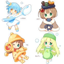 Rule 34 | 4girls, :d, ;d, aikei ake, animal, apron, bell, black cat, blanket, blue footwear, blue hair, blush, boots, bow, bowl, brown eyes, brown hair, cat, chibi, commentary request, cup, dress, food, fruit, green apron, green dress, green eyes, green hair, green headwear, green tea, hair between eyes, hair ornament, hairclip, hat, highres, holding, kotatsu, long hair, long sleeves, looking at viewer, mandarin orange, multiple girls, on head, one eye closed, open mouth, original, outstretched arms, personification, puffy short sleeves, puffy sleeves, red bow, shoes, short hair, short sleeves, simple background, sleeves past wrists, slippers, smile, spread arms, table, tea, toothbrush, translation request, two side up, v-shaped eyebrows, very long hair, white background, white dress, white footwear, wide sleeves, yellow dress, yellow footwear, yellow headwear, yunomi