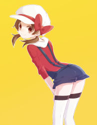 Rule 34 | 00s, 1girl, bad id, bad pixiv id, baseball cap, brown eyes, brown hair, creatures (company), game freak, hat, hat ribbon, honotai, lyra (pokemon), nintendo, overalls, pokemon, pokemon hgss, ribbon, simple background, smile, solo, thighhighs, twintails