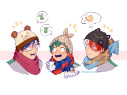 Rule 34 | 3boys, all might, animal hat, black headwear, blue eyes, blue hair, boku no hero academia, burn scar, closed mouth, commentary, english commentary, freckles, glasses, green eyes, green hair, hair between eyes, hat, heterochromia, iida tenya, looking at another, male focus, midoriya izuku, multicolored clothes, multicolored hair, multicolored scarf, multiple boys, open mouth, portrait, rabbit, red eyes, red hair, red scarf, scar, scar on face, scarf, school uniform, short hair, shrimp, simple background, smile, speech bubble, thatmightyheart, thought bubble, todoroki shouto, two-tone hair, u.a. school uniform, white background, white hair