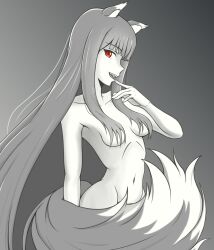 Rule 34 | animal ear fluff, animal ears, breasts, completely nude, fang, finger to mouth, fluffy, gado soulsilver, hand out of frame, hand up, holo, long hair, looking at viewer, medium breasts, navel, nude, open mouth, red eyes, simple background, spice and wolf, tail, wolf ears, wolf girl, wolf tail