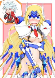 Rule 34 | 1boy, 1girl, arc system works, armor, belt, blade, blazblue, blonde hair, blue eyes, blush, blush stickers, breasts, crotch plate, crying, crying with eyes open, elbow gloves, embarrassed, fingernails, forehead protector, full-face blush, gloves, green eyes, headgear, heterochromia, kuroshiro (ms-2420), long hair, mecha musume, midriff, mu-12, navel, open mouth, pauldrons, pink background, ragna the bloodedge, red eyes, revealing clothes, sharp fingernails, shoulder armor, silver hair, sweat, sweatdrop, tears, wavy mouth, weapon