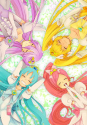 Rule 34 | 10s, 4girls, ^ ^, arms behind head, blonde hair, blue hair, bow, brooch, circle formation, closed eyes, cure blossom, cure blossom (super silhouette), cure marine, cure marine (super silhouette), cure moonlight, cure moonlight (super silhouette), cure sunshine, cure sunshine (super silhouette), flower, hanasaki tsubomi, heart, heart brooch, heartcatch precure!, jewelry, kurumi erika, long hair, lying, magical girl, multiple girls, myoudouin itsuki, open mouth, pink hair, ponytail, precure, purple hair, sinnyan, smile, tsukikage yuri, twintails, yellow bow