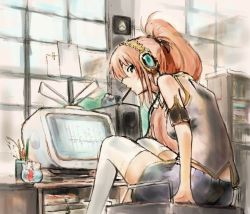 Rule 34 | 1girl, aqua eyes, bare shoulders, bookshelf, carlos toshiki, clock, computer, face, fish, food, from behind, goldfish, headphones, long hair, looking back, megurine luka, monitor, mouth hold, pencil, pink hair, pocky, ponytail, sitting, skirt, solo, table, thighhighs, very long hair, vocaloid, white thighhighs, window, zettai ryouiki