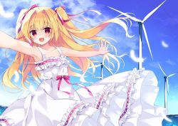 Rule 34 | 1girl, :d, bare arms, bare shoulders, blonde hair, blue sky, blush, cloud, cloudy sky, collarbone, commentary request, commission, day, dress, feathers, frilled dress, frills, hair intakes, hair ribbon, horizon, irotoridori no sekai, long hair, nikaidou shinku, ocean, open mouth, outdoors, outstretched arms, purinpurin, red eyes, red ribbon, ribbon, ribbon-trimmed dress, skeb commission, sky, sleeveless, sleeveless dress, smile, solo, spread arms, sundress, two side up, very long hair, water, white dress, white feathers, wind turbine, windmill