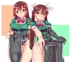 Rule 34 | 10s, 2girls, asymmetrical legwear, bad id, bad pixiv id, breasts, brown eyes, brown hair, chikuma (kancolle), commentary request, cowboy shot, dress, elbow gloves, gloves, hair between eyes, hair ribbon, highres, kantai collection, large breasts, long hair, looking at viewer, medium breasts, multiple girls, no panties, no pants, pelvic curtain, ribbon, short dress, side slit, single elbow glove, single glove, single thighhigh, thighhighs, thighs, tiha, tone (kancolle), twintails, uneven legwear, white ribbon