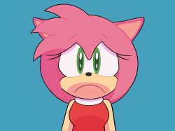 Rule 34 | 1girl, amy rose, blue background, deejamari, dress, furry, furry female, green eyes, highres, looking at viewer, red dress, sad, simple background, solo, sonic (series), straight-on, upper body