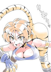 Rule 34 | 1girl, animal ears, ass, breasts, breath of fire, breath of fire ii, bustier, cat ears, cat tail, facial mark, gloves, looking at viewer, no pants, orange hair, pointy ears, rinpoo chuan, short hair, simple background, solo, tail, tukiwani, white background
