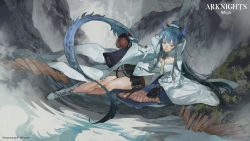 Rule 34 | 1girl, :d, absurdres, arknights, black shorts, blue eyes, blue hair, boots, chocolate (jitong), commentary, dragon girl, dragon horns, dragon tail, earrings, english commentary, grey footwear, grey hair, highres, holding jug, horns, jacket, jewelry, ling (arknights), long hair, lying, multicolored hair, necktie, official art, on side, open mouth, pointy ears, ponytail, shirt, shorts, smile, solo, streaked hair, tail, tassel, tassel earrings, water, white jacket, white shirt, yellow necktie