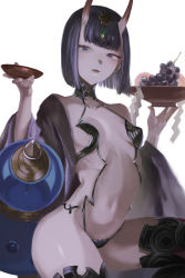 Rule 34 | 1girl, absurdres, alcohol, bare shoulders, bob cut, breasts, collarbone, cup, eyeliner, fangs, fate/grand order, fate (series), food, fruit, gourd, grapes, headpiece, highres, horns, japanese clothes, kimono, long sleeves, looking at viewer, makeup, navel, off shoulder, oni, open clothes, open kimono, open mouth, peach, purple eyes, purple hair, purple kimono, revealing clothes, sakazuki, sake, shiro saki, short hair, shuten douji (fate), skin-covered horns, small breasts, smile, solo, wide sleeves