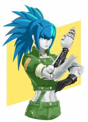 Rule 34 | 1girl, anagumasan, android, blue hair, costume, cyborg, earrings, gloves, green jacket, highres, jacket, jewelry, leona heidern, mechanization, midriff, military, military uniform, navel, ponytail, robot, shorts, snk, soldier, solo, the king of fighters, uniform