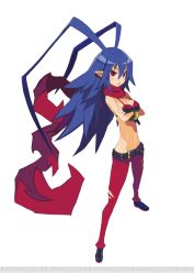 Rule 34 | 1girl, antenna hair, belt, blue hair, bracelet, breasts, cleavage, crossed arms, disgaea, disgaea d2, gender request, genderswap, groin, harada takehito, highres, jewelry, laharl, laharl-chan, long hair, navel, official art, open mouth, pants, pointy ears, red eyes, scarf, slit pupils, solo, very long hair, white background