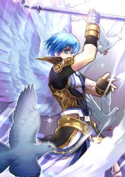Rule 34 | 1boy, angel wings, arm up, azhi kurage, bird, blue eyes, blue hair, dove, fayt leingod, feathers, fingerless gloves, gloves, holding, holding weapon, industrial pipe, looking at viewer, male focus, official alternate costume, short hair, star ocean, star ocean anamnesis, star ocean till the end of time, weapon, wings
