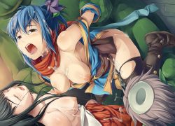 Rule 34 | blue hair, breasts, brown eyes, clothed female nude male, clothed sex, cum, cum on body, cum on breasts, cum on hair, cum on upper body, dark matrix, facial, hetero, highres, moonshell, ninja, ninja (ragnarok online), nipples, nude, open mouth, ragnarok online, rape, sex, tears, thighhighs, torn clothes