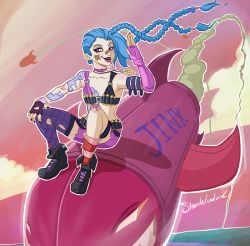 Rule 34 | artist name, bandages, blue hair, braid, character name, flat chest, highres, jinx (league of legends), league of legends, long hair, nachonachoz, pink eyes, rocket, sexually suggestive, signature, solo, tattoo, torn clothes