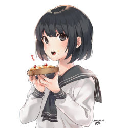 Rule 34 | 1girl, :o, ^^^, black eyes, black hair, black neckerchief, blunt bangs, blush, bread slice, butter, copyright request, dated, food, food on face, holding, holding food, long sleeves, looking at viewer, nagu, neckerchief, open mouth, round teeth, school uniform, serafuku, short hair, signature, simple background, solo, tareme, teeth, toast, upper body, white background